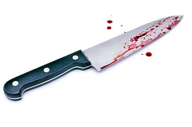 Chef's knife with Dripping blood on a white background, Horror concept