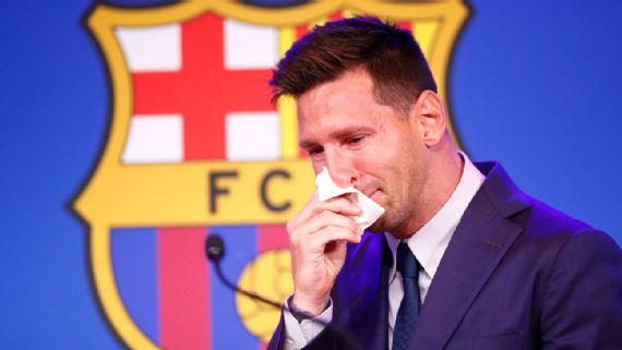 Lionel Messi faces the media during a news conference at Nou Camp. Eric Alonso/Getty Images
